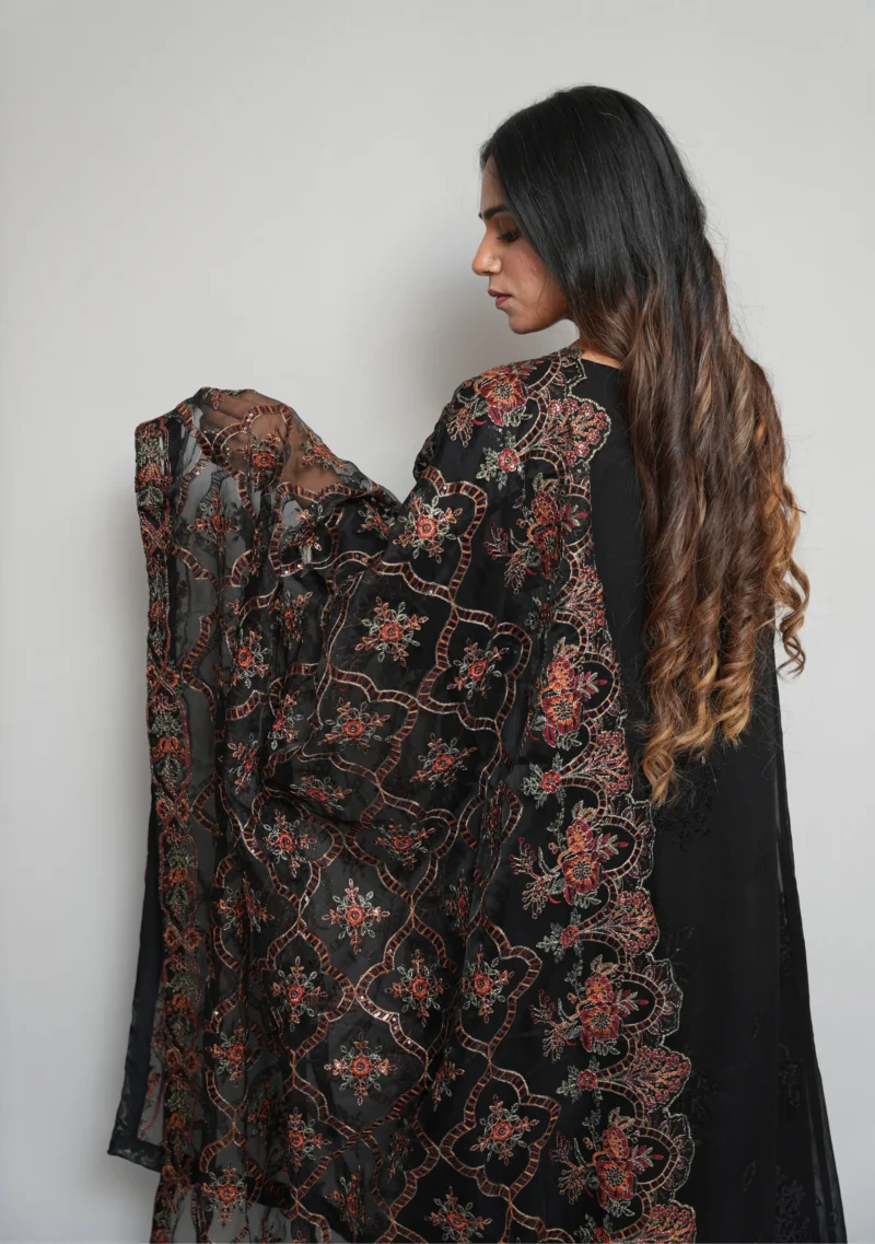 4-Piece Chiffon Long Frock Set – Black with Multi-Color Embroidery, Sequins & Pearl Embellishments - Image 5