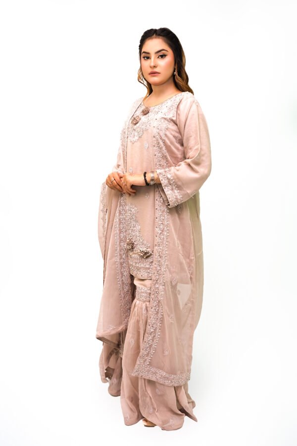 Tea Pink 3-Piece Chiffon Gharara Set with 3D Flowers & Embellished Dupatta