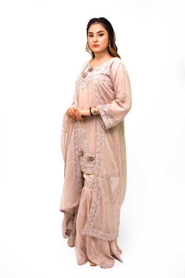 Tea Pink 3-Piece Chiffon Gharara Set with 3D Flowers & Embellished Dupatta