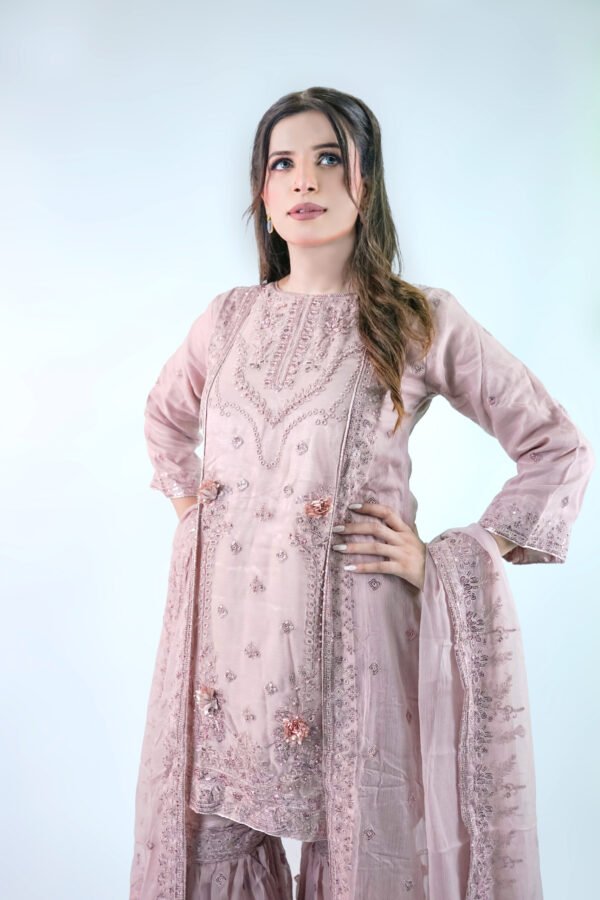 Tea Pink 3-Piece Chiffon Gharara Set with 3D Flowers & Embellished Dupatta