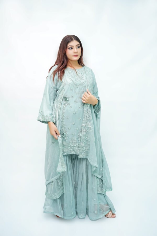 Pistachio 3-Piece Chiffon Gharara Set with 3D Flowers & Embellished Dupatta