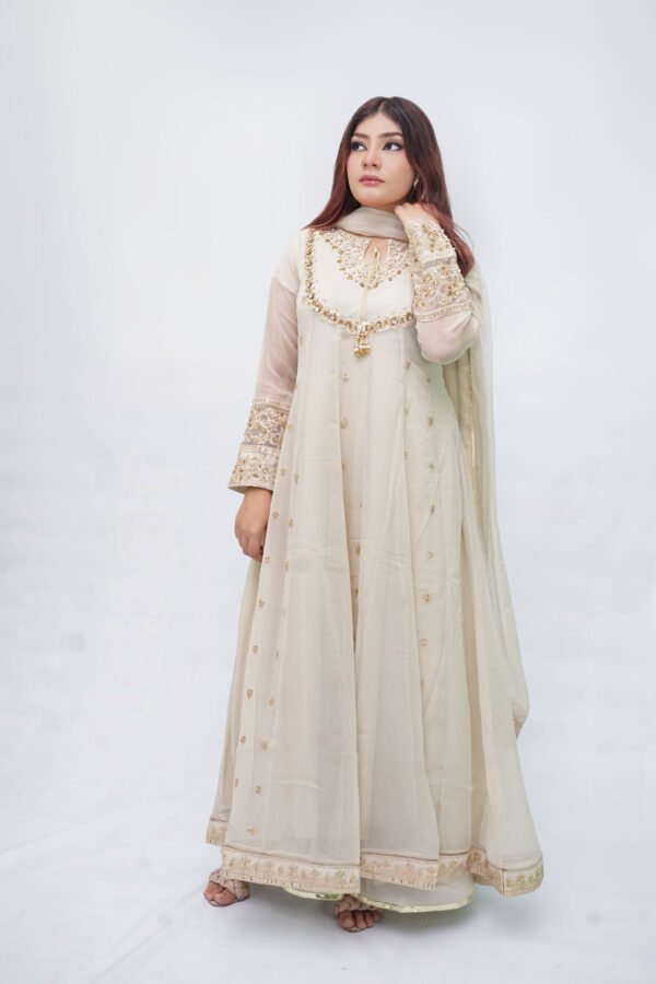 Gold 3-Piece Chiffon Frock with Embellished Dupatta & Flapper Bottom