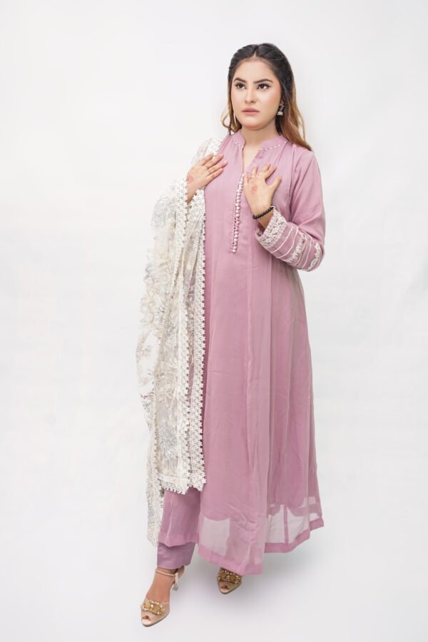 Lilac 3-Piece Chiffon Frock with Embroidered Net Dupatta