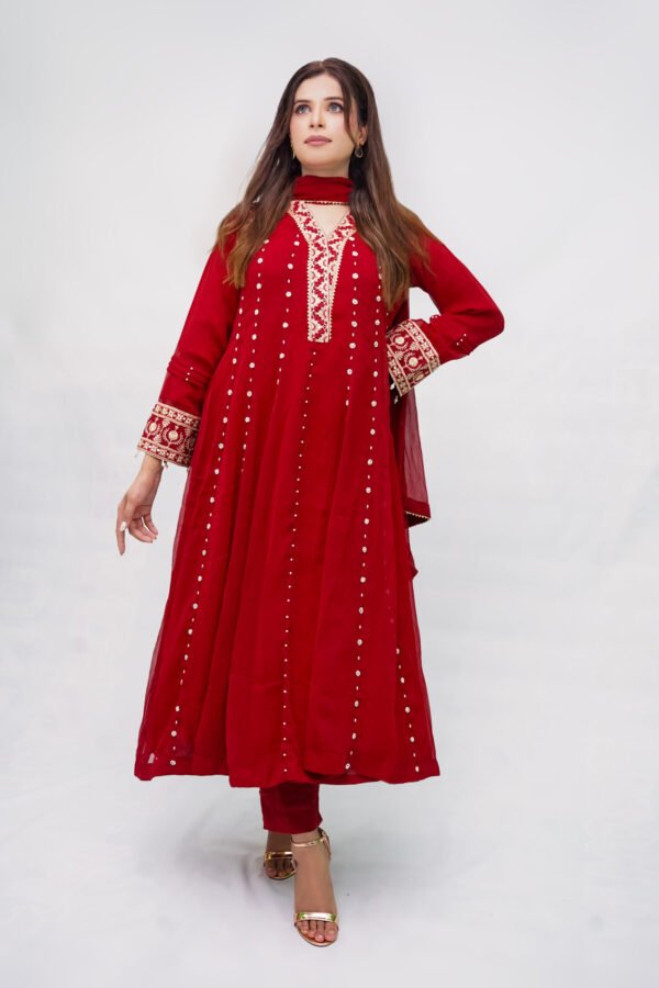 Red 3-Piece Chiffon Frock with Embellished Dupatta