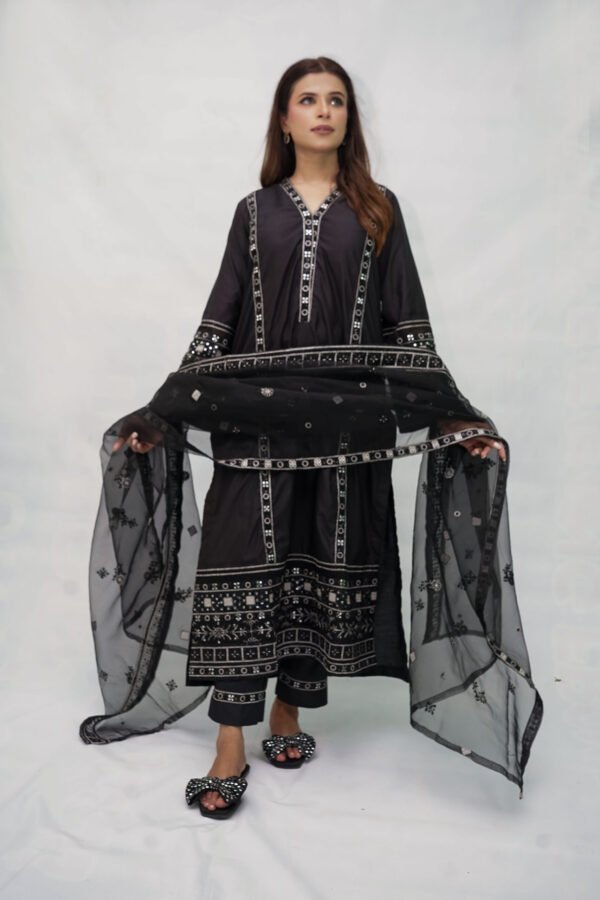 Black 3-Piece Khadi Long Shirt Suit with Embroidered Organza Dupatta