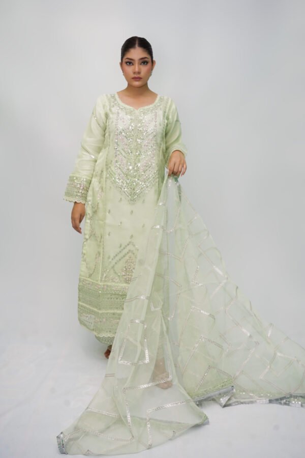 Light Green 3-Piece Organza Shalwar Suit with Embroidered Dupatta