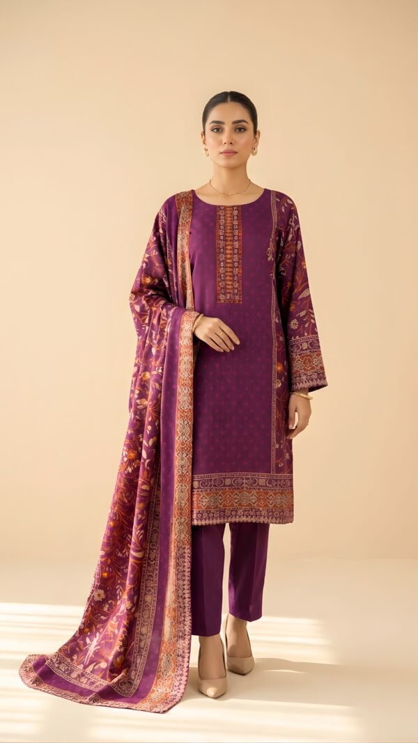 Magenta Printed 3-Piece Dhanak Suit with Printed Dhanak Shawl