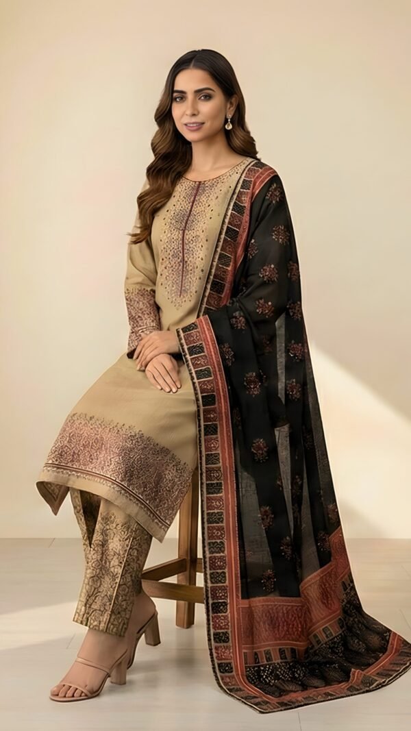 3 PCS Beige Dhanak Embroidered Suit – Farshi Trouser & Printed Dupatta