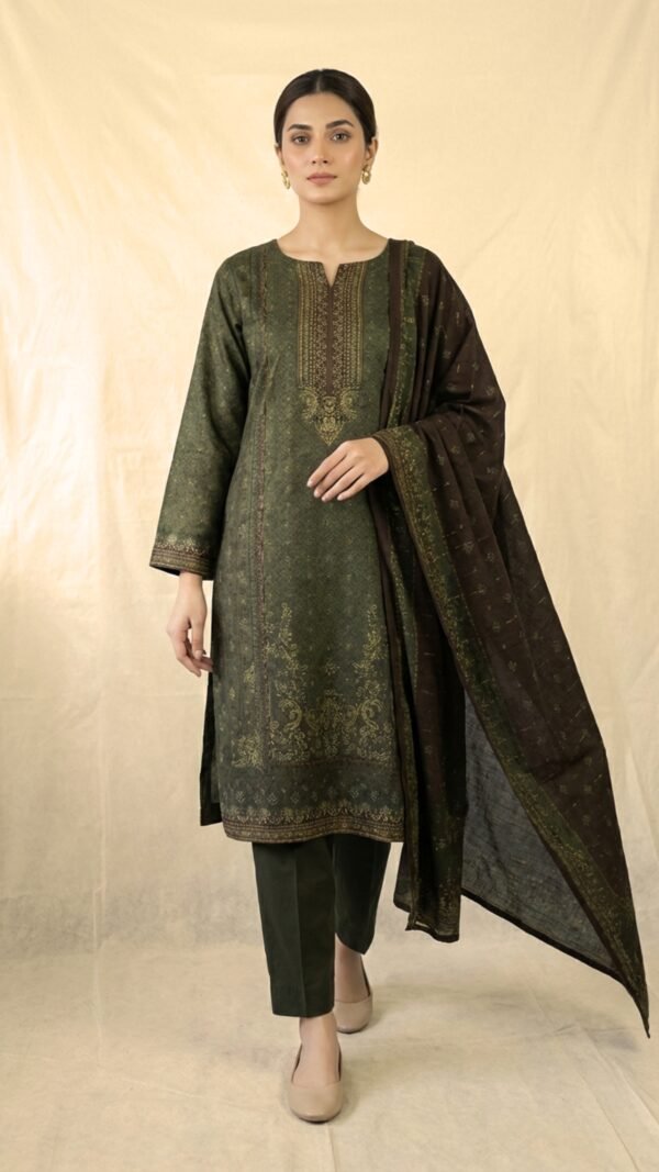 Mehendi Printed 3-Piece Khadar Suit with Tarkashi Dupatta