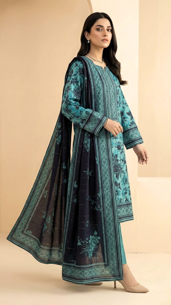 Aqua Green Printed 3-Piece Khadar Suit with Tarkashi Dupatta