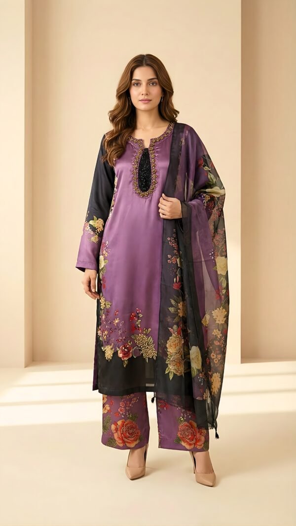Purple Printed 3-Piece Shamos Silk Suit
