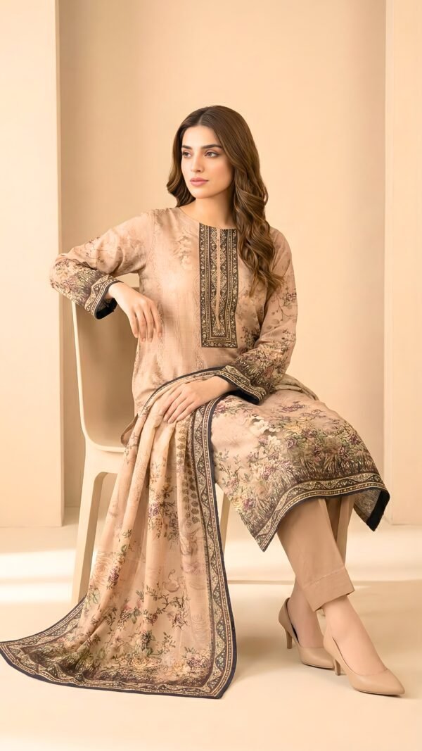 Tea Pink Printed 3-Piece Linen Banadora Suit with Printed Dupatta