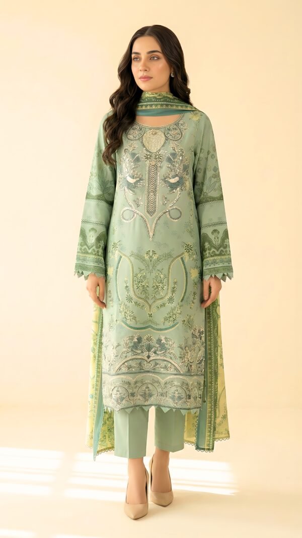 Thread Embroidered 3-Piece Linen Suit with Printed Pashmina Shawl