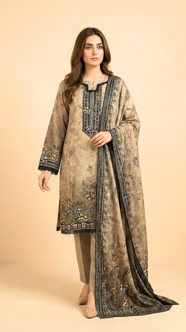 Olive Printed 3-Piece Khadar Suit with Tarkashi Dupatta
