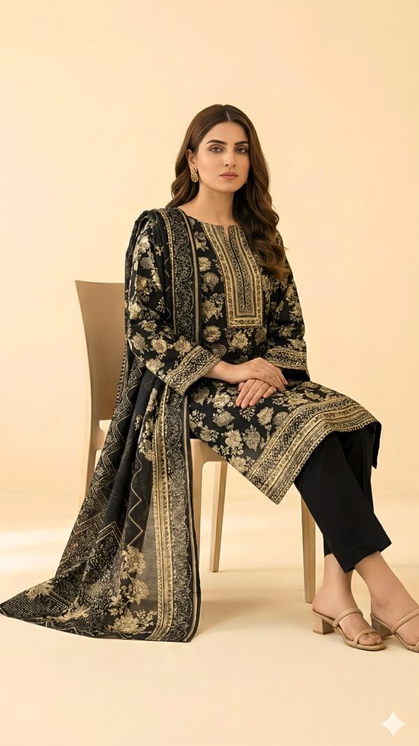 Black Printed 3-Piece Linen Banadora Suit with Printed Dupatta
