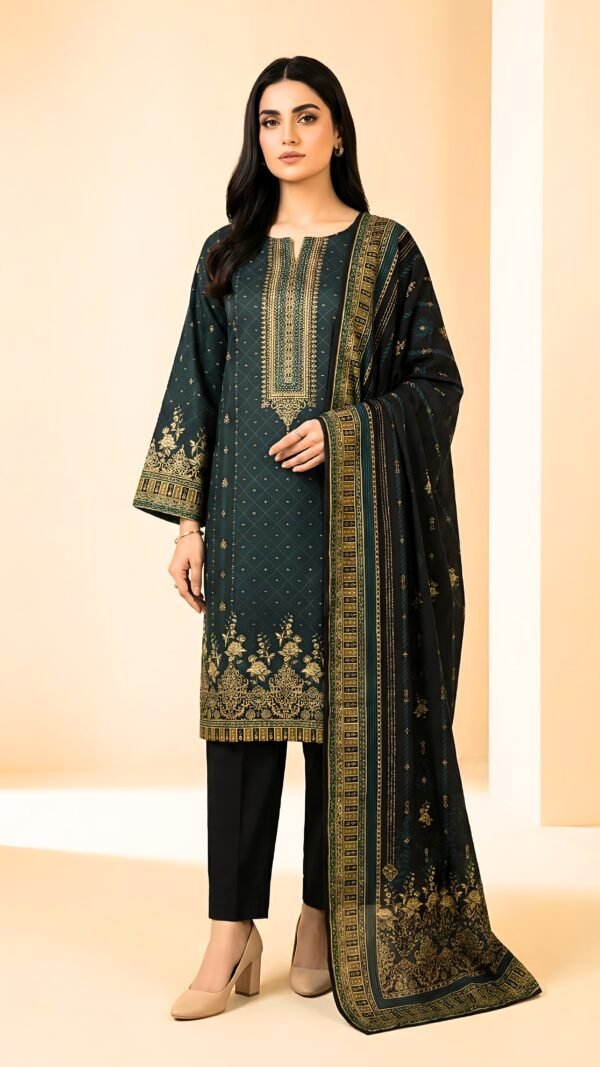 Dark Green Printed 3-Piece Linen Banadora Suit with Printed Dupatta
