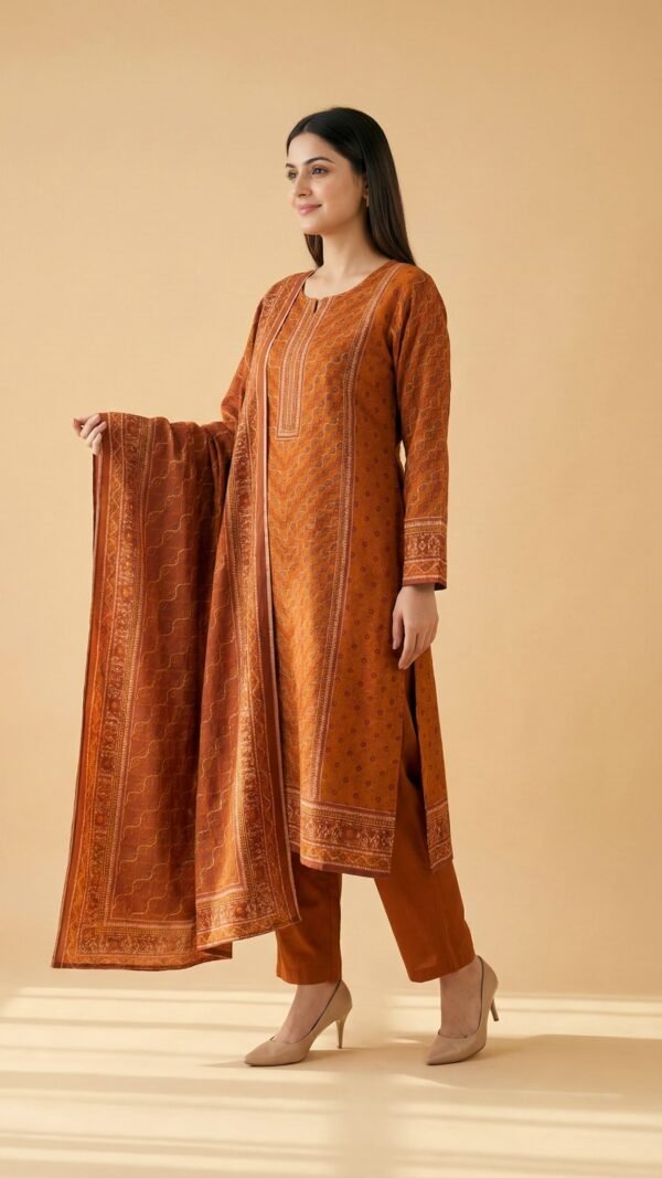 Orange Printed 3-Piece Dhanak Suit with Printed Dhanak Shawl
