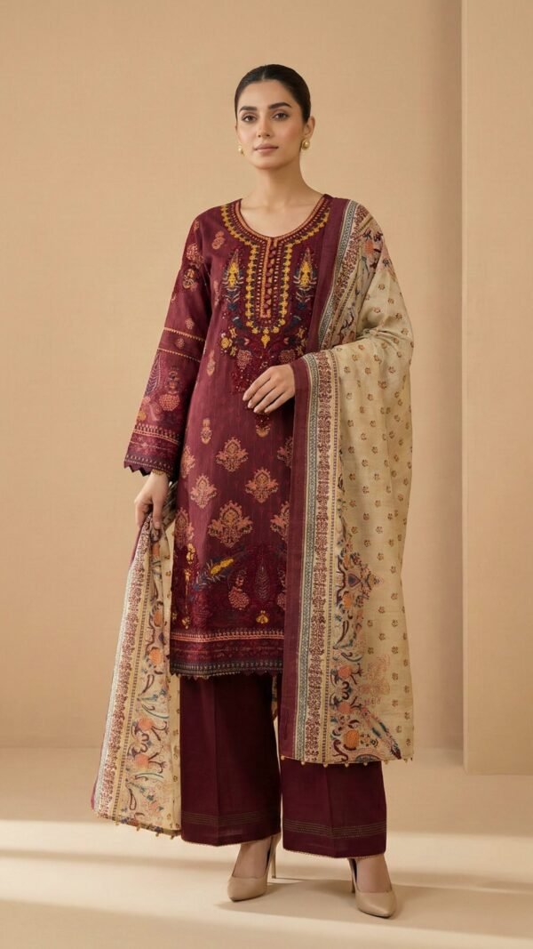 Red Thread Embroidered 3-Piece Dhanak Suit with Printed Pashmina Shawl