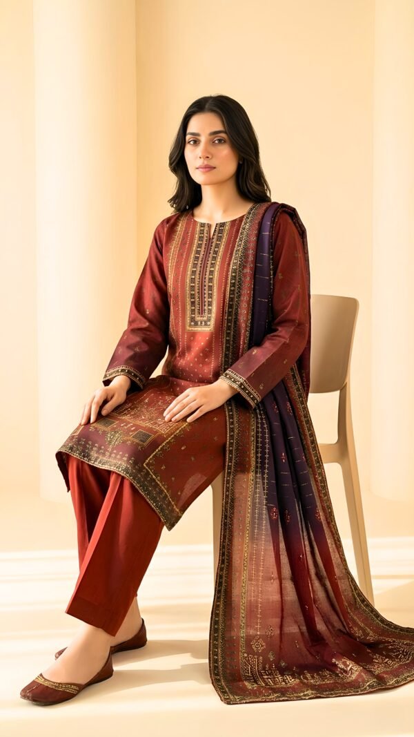 Red Printed 3-Piece Khadar Suit with Tarkashi Dupatta