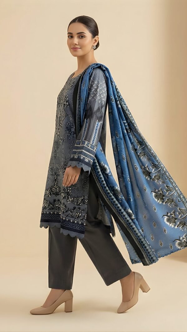 Gray Thread Embroidered 3-Piece Linen Suit with Printed Pashmina Shawl