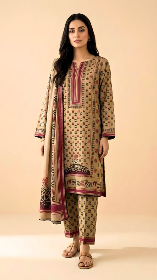 Printed 3-Piece Soft Linen Suit with Wool Shawl