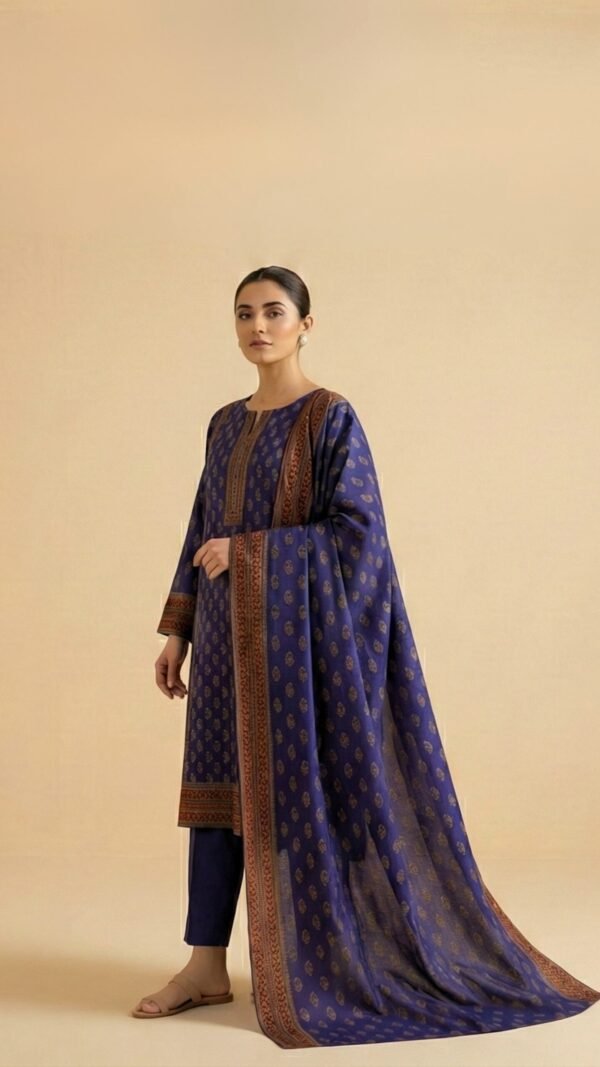 Blue Printed 3-Piece Dhanak Suit with Printed Dhanak Shawl