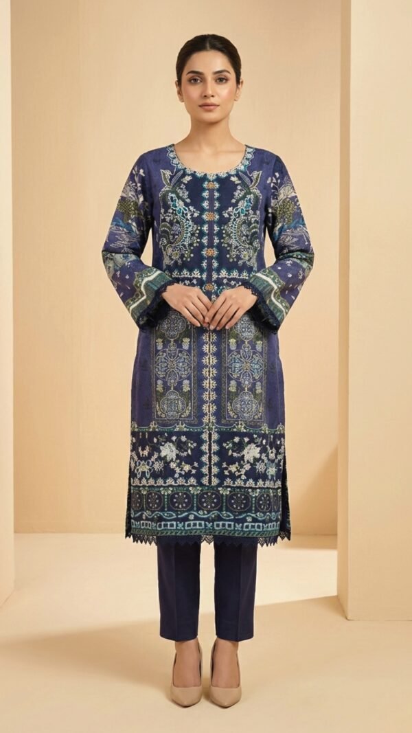 Blue Thread Embroidered 3-Piece Linen Suit with Printed Pashmina Shawl