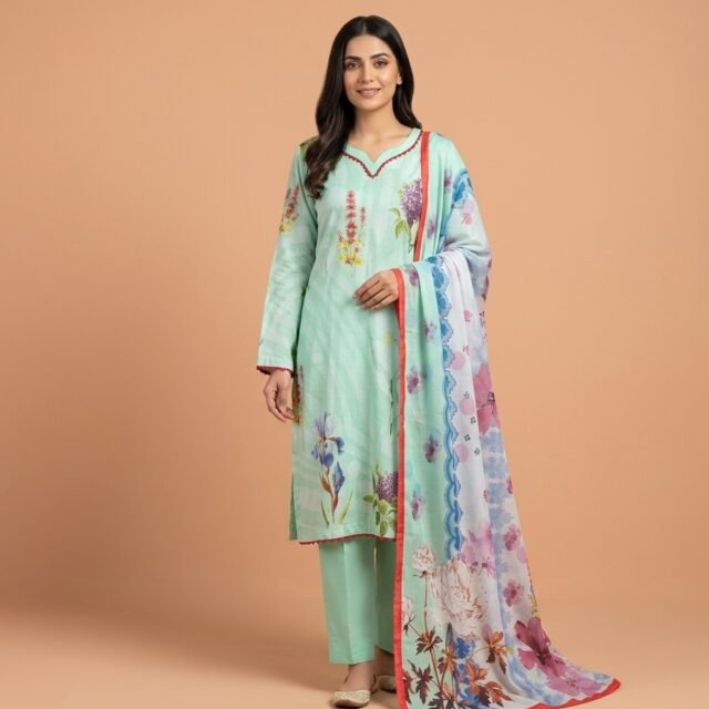 Mint Green Floral Printed 3-Piece Lawn Suit with Printed Dupatta