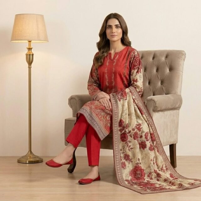 Red Printed 3-Piece Suit with Floral Shawl Dupatta