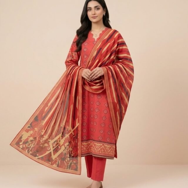 Rust Red Printed 3-Piece Suit with Striped Floral Dupatta