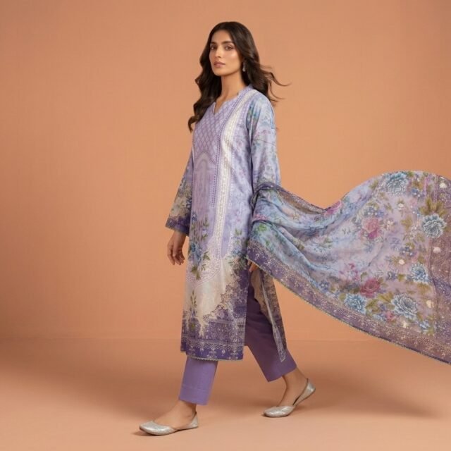 Lavender Purple Floral Printed 3-Piece Suit with Printed Dupatta