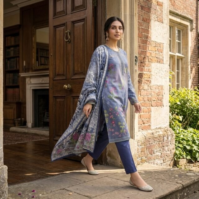 Blue Floral Printed 3-Piece Suit with Printed Dupatta