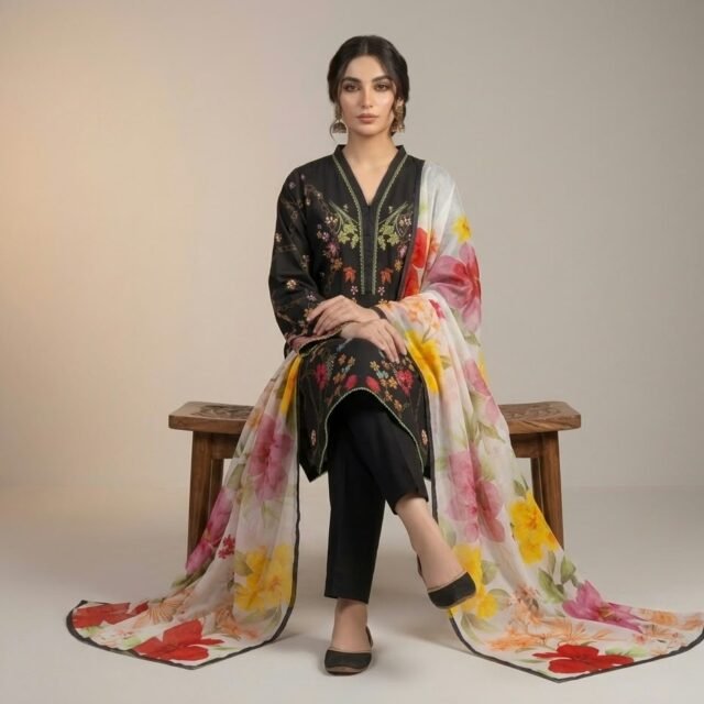 Black Floral Embroidered 3-Piece Suit with Printed Dupatta