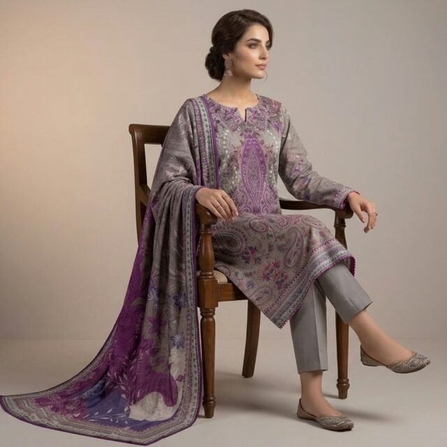 Grey & Purple Paisley Printed 3-Piece Suit with Printed Dupatta