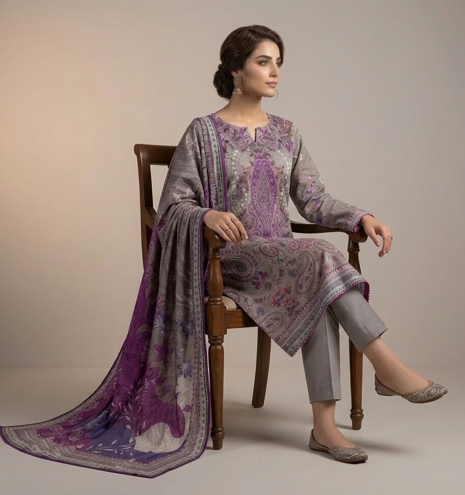 Grey & Purple Paisley Printed 3-Piece Suit with Printed Dupatta