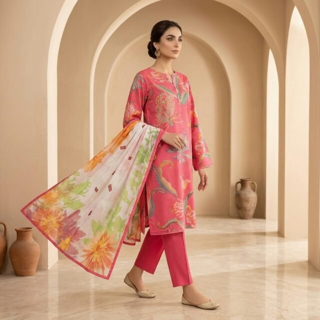 Pink Floral Printed 3-Piece Suit with Multicolor Floral Dupatta