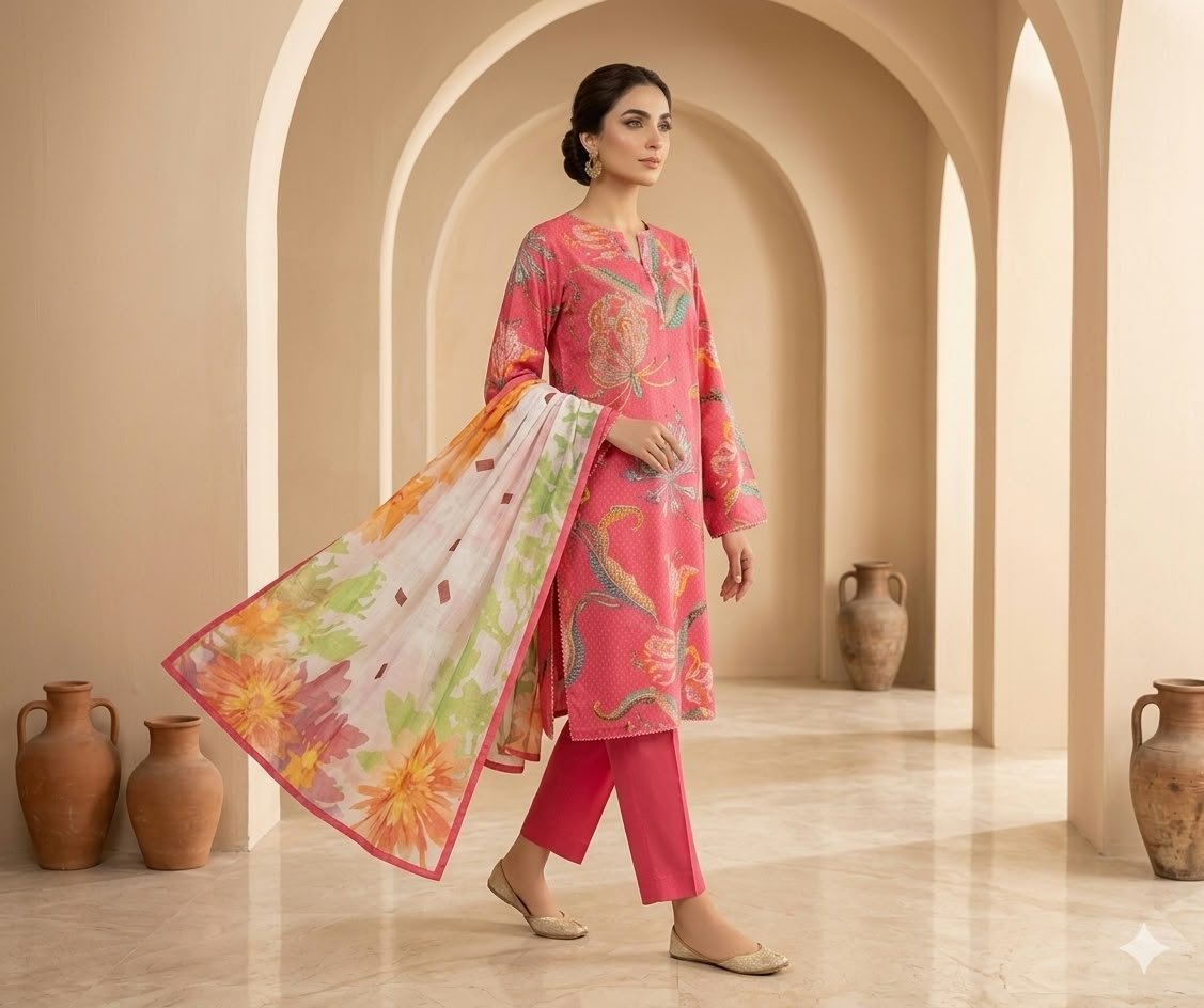 Pink Floral Printed 3-Piece Suit with Multicolor Floral Dupatta