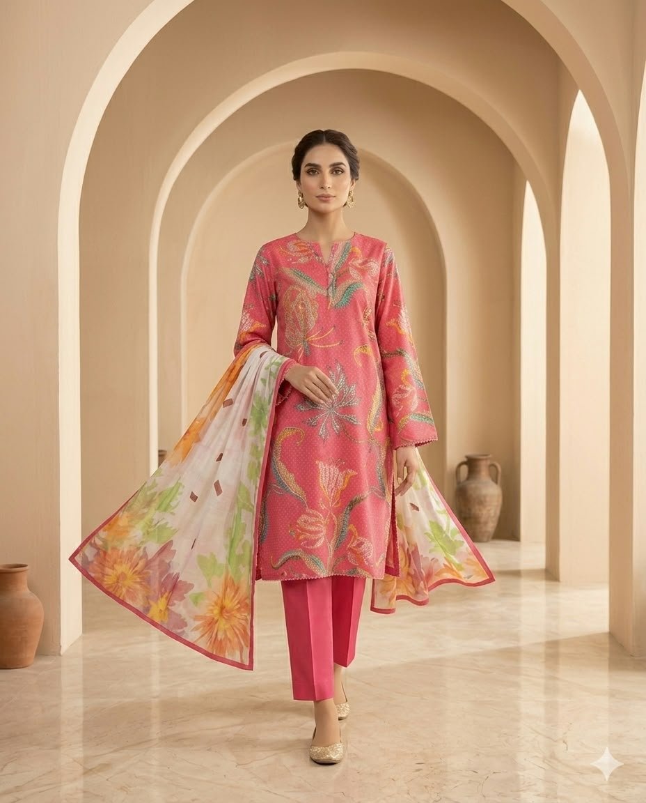 Pink Floral Printed 3-Piece Suit with Multicolor Floral Dupatta - Image 2