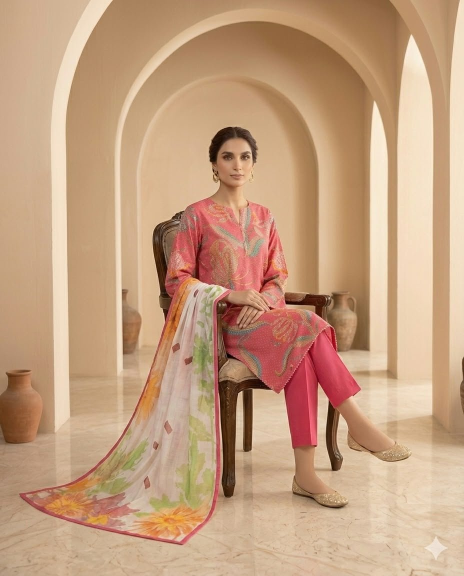 Pink Floral Printed 3-Piece Suit with Multicolor Floral Dupatta - Image 3