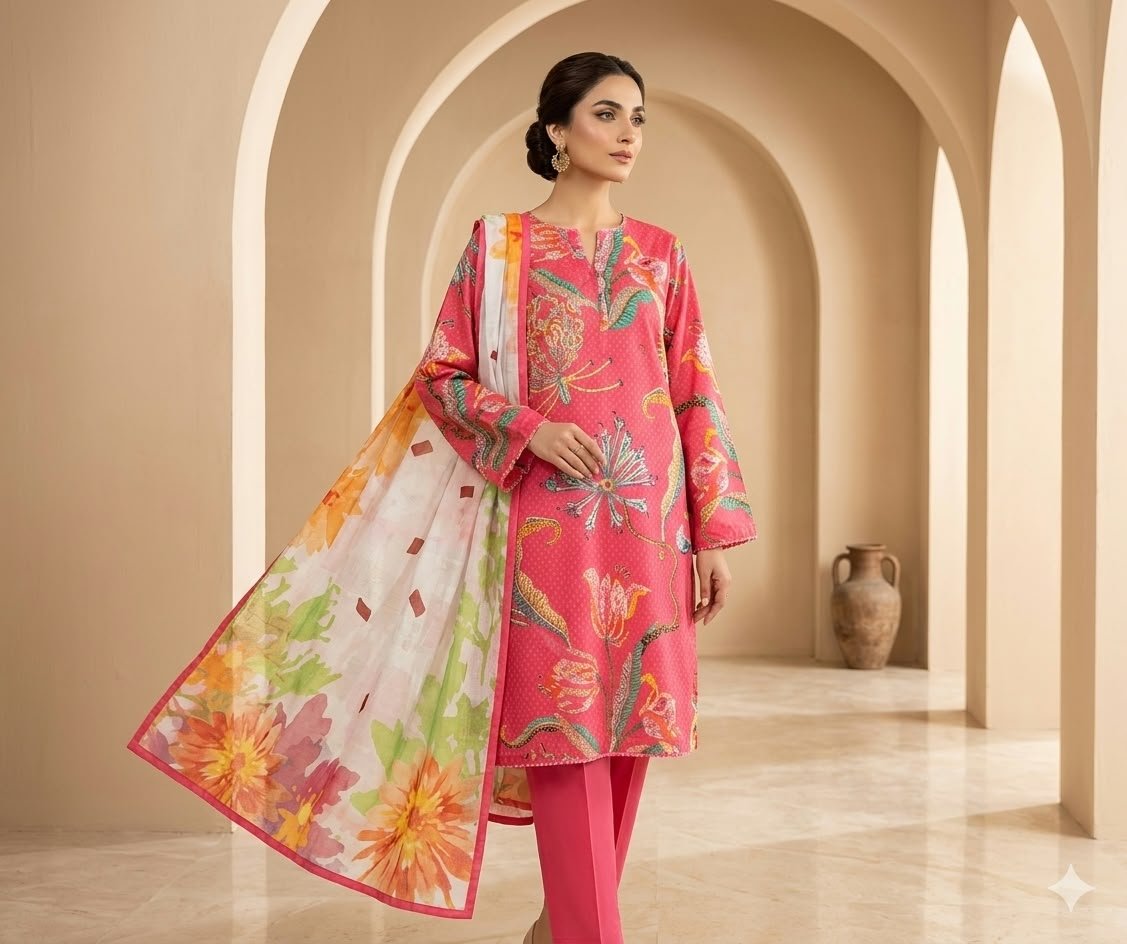Pink Floral Printed 3-Piece Suit with Multicolor Floral Dupatta - Image 4