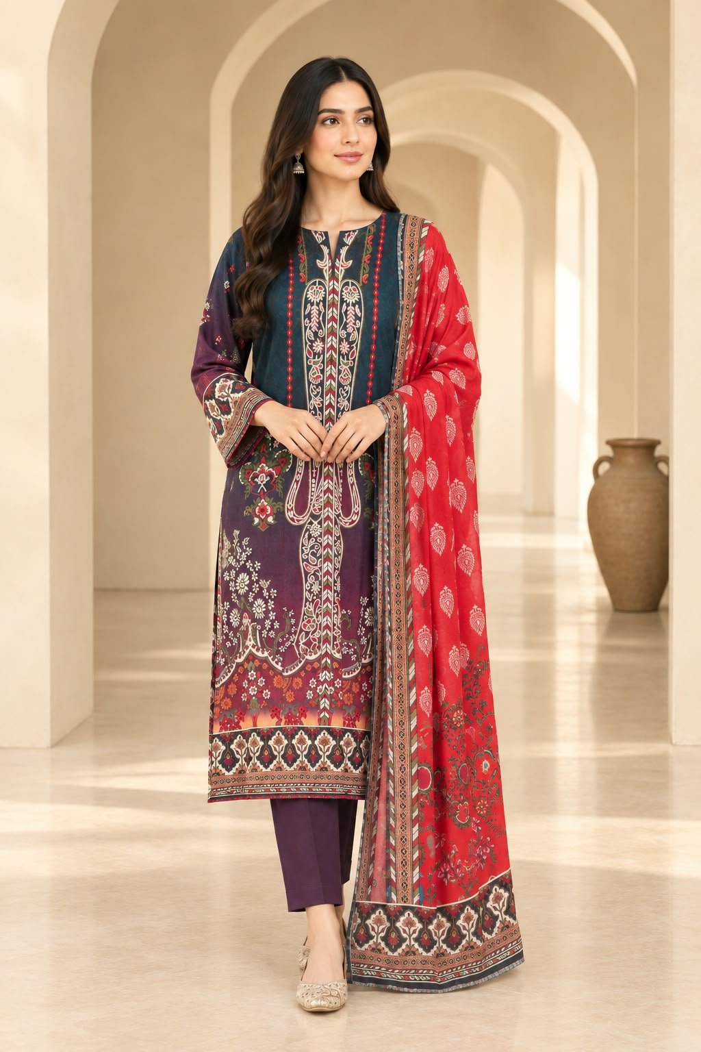 Navy Blue & Red Printed 3-Piece Suit with Traditional Printed Dupatta - Image 2