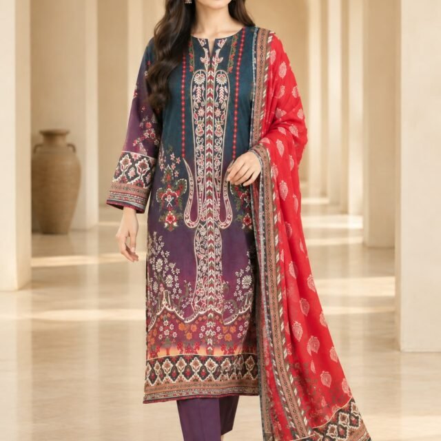 Navy Blue & Red Printed 3-Piece Suit with Traditional Printed Dupatta