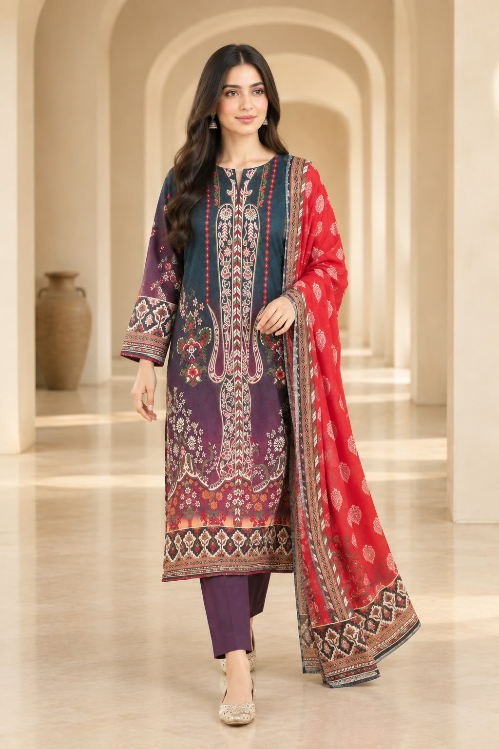 Navy Blue & Red Printed 3-Piece Suit with Traditional Printed Dupatta