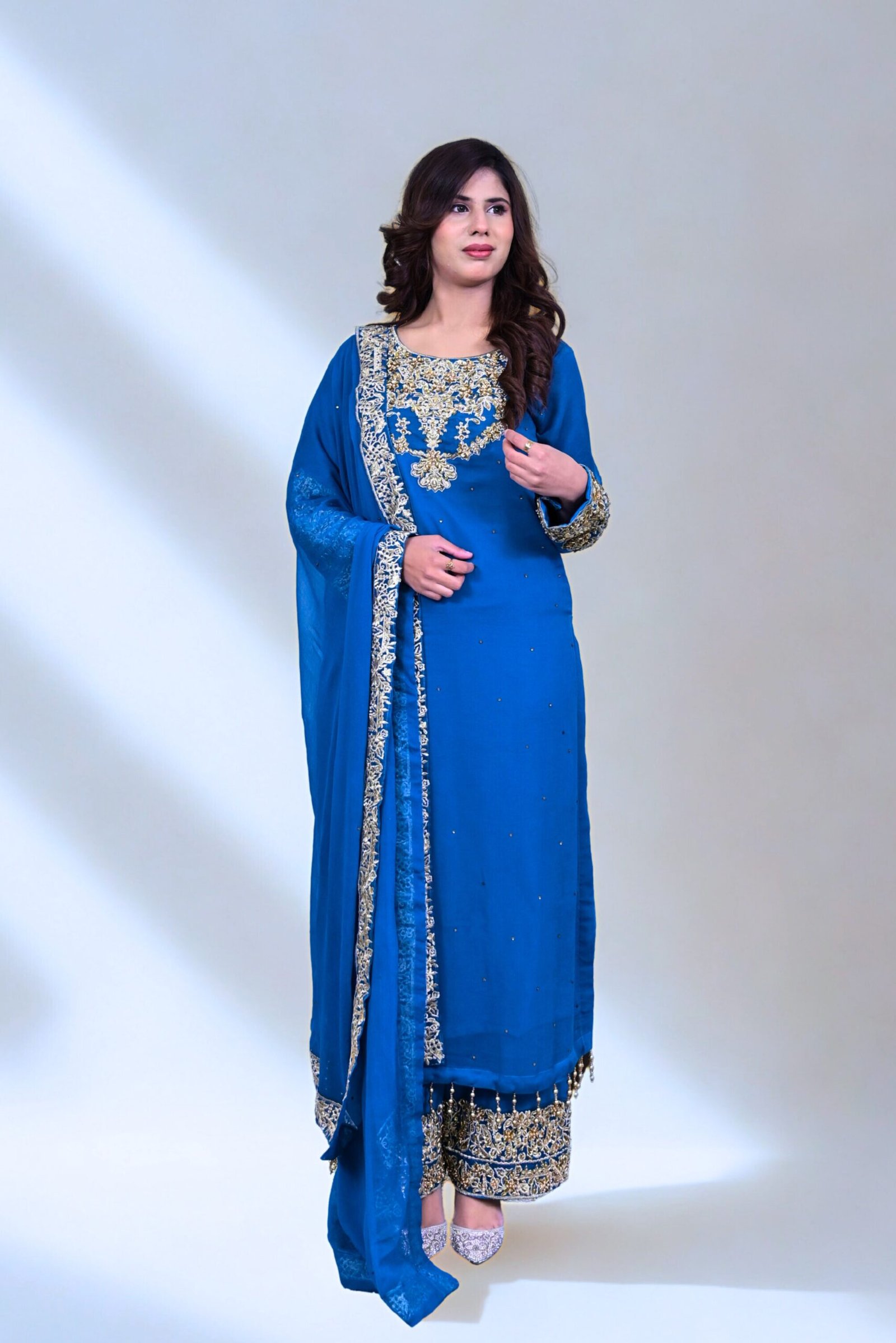 Royal Blue Embroidered 3-Piece Suit with Palazzo Trousers - Image 2