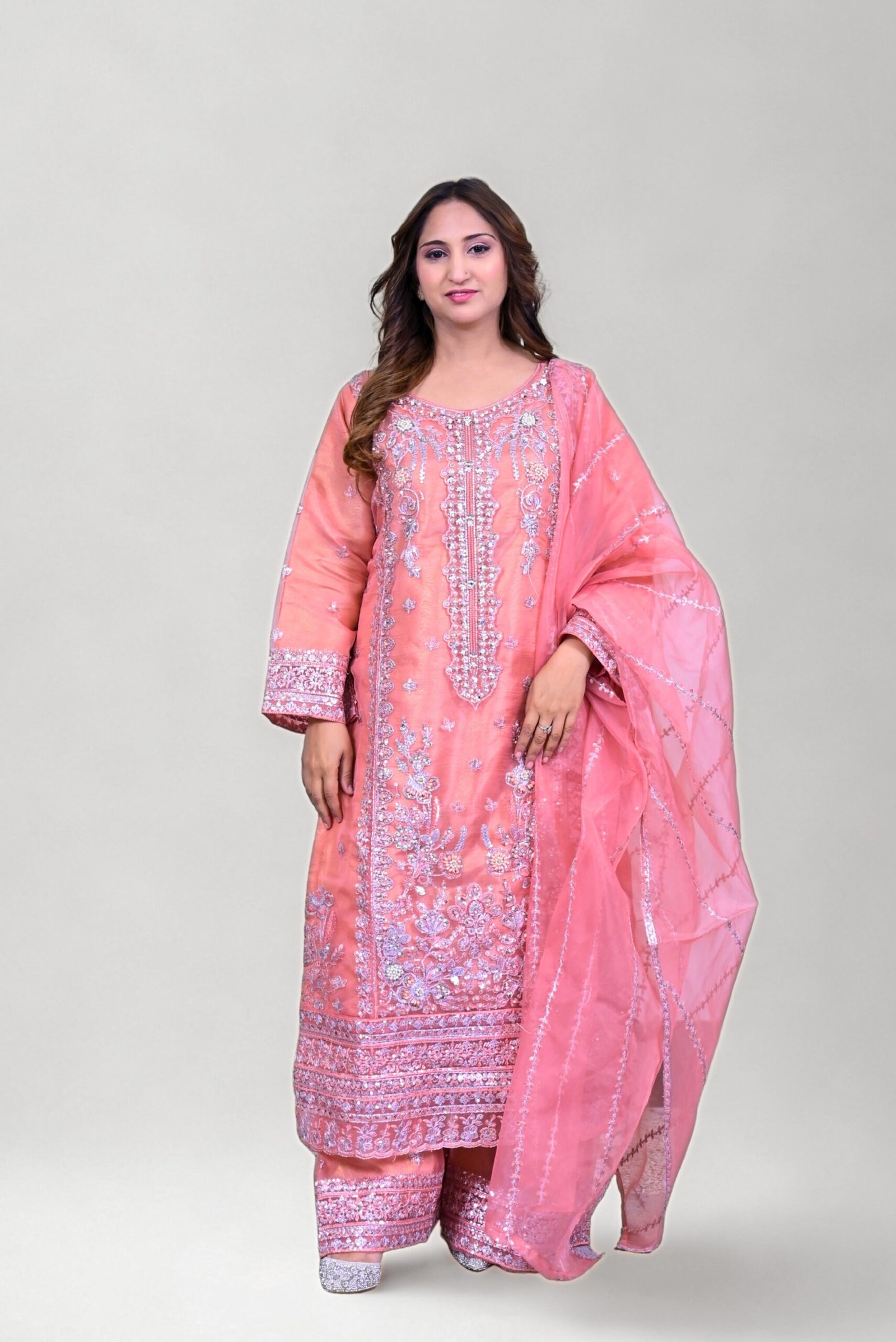 Tea Pink Heavy Embroidered 3-Piece Chiffon Suit with Embellished Dupatta - Image 5