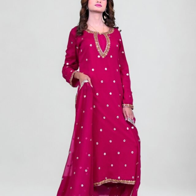 Magenta Embroidered 3-Piece Suit with Embellished Dupatta