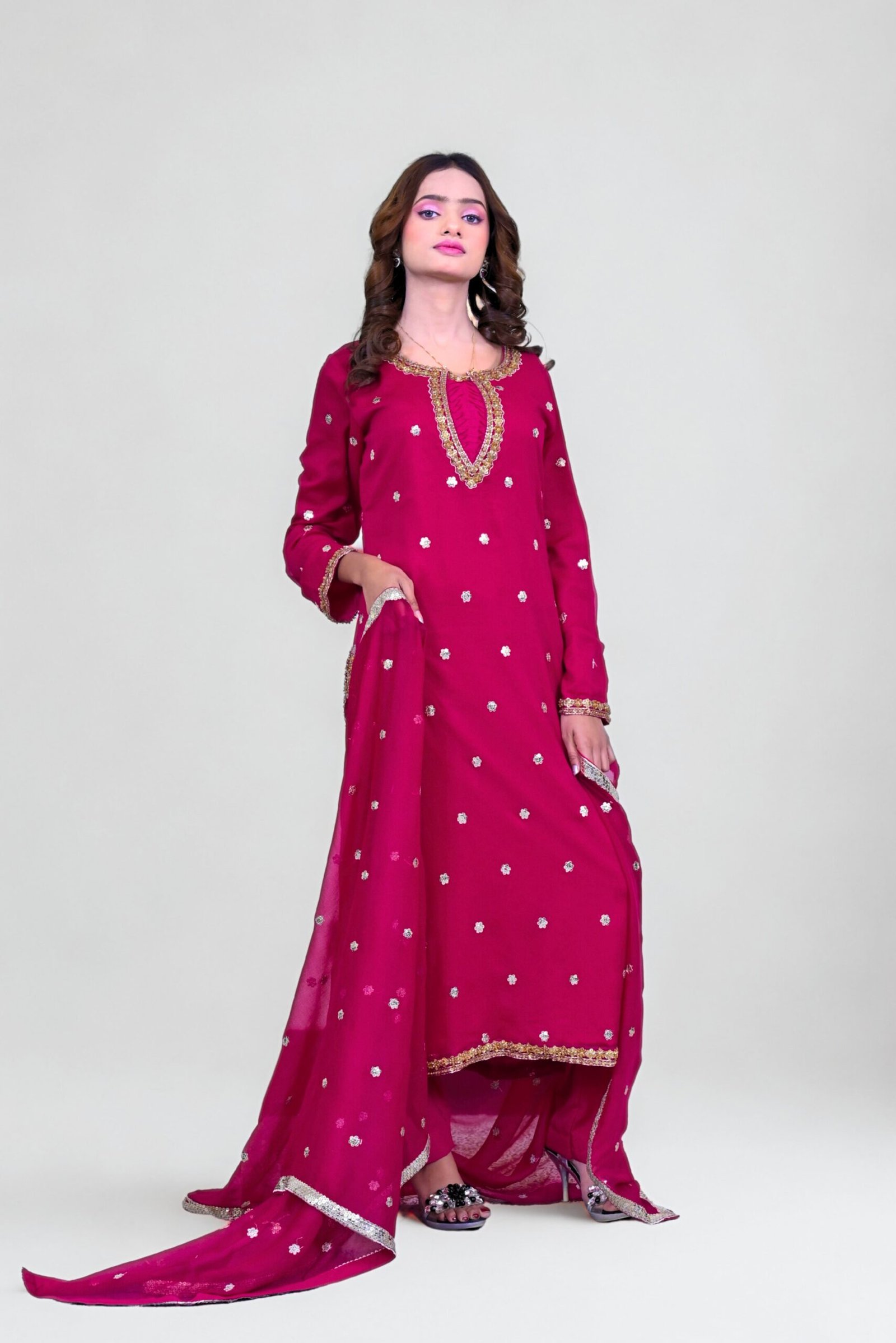 Magenta Embroidered 3-Piece Suit with Embellished Dupatta