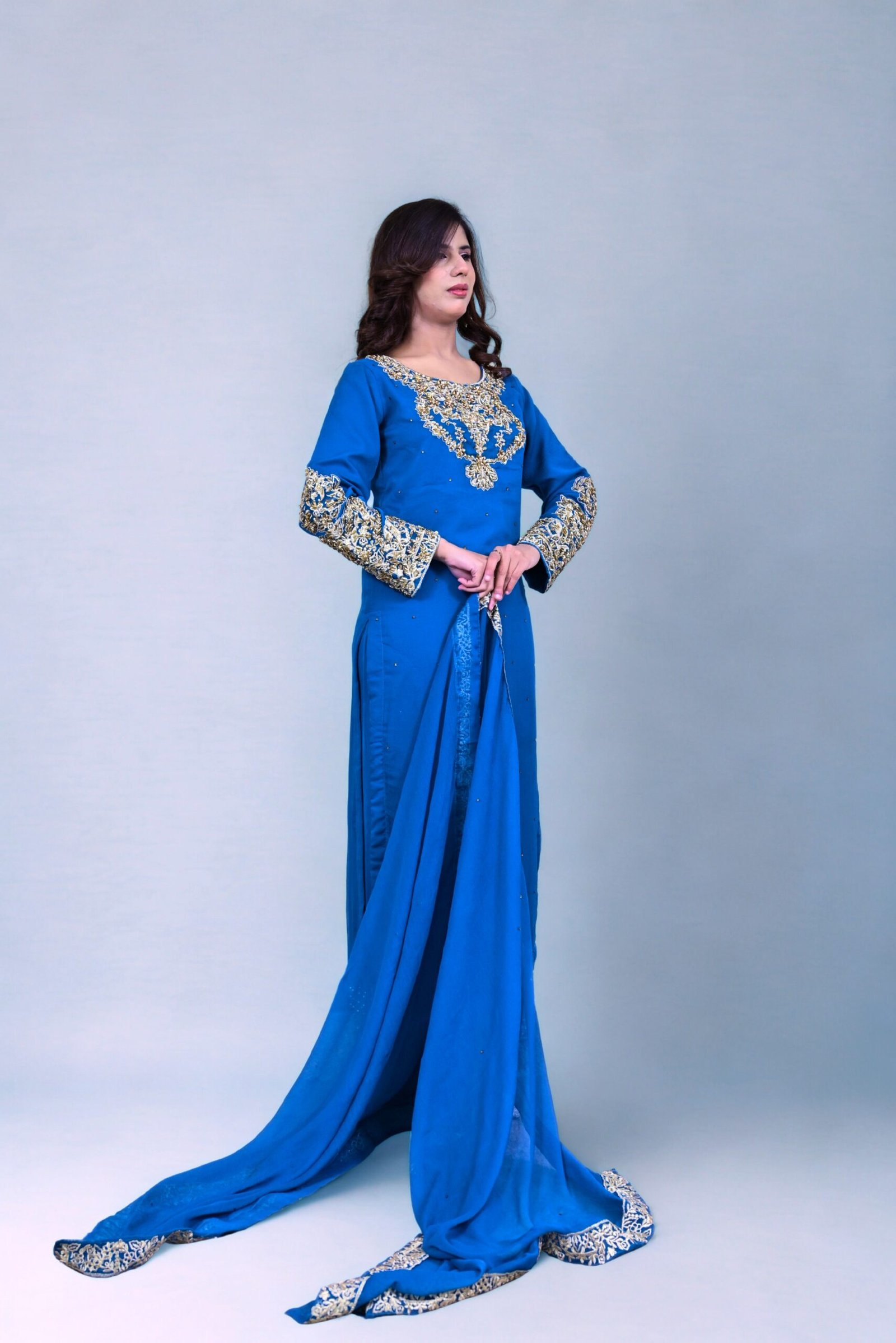 Royal Blue Embroidered 3-Piece Suit with Palazzo Trousers - Image 3