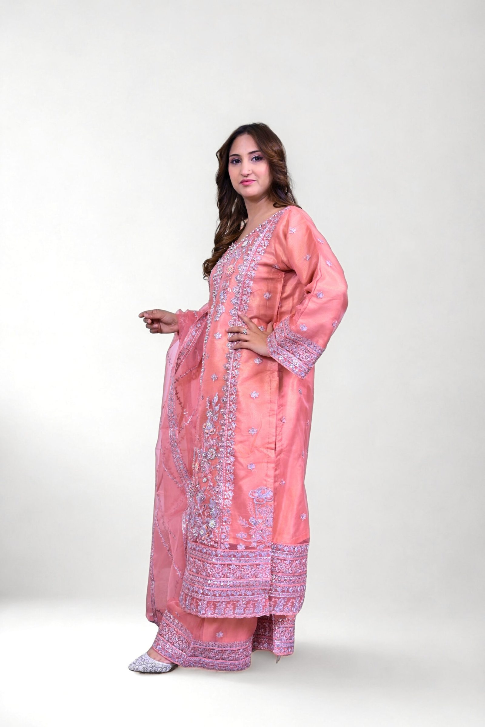 Tea Pink Heavy Embroidered 3-Piece Chiffon Suit with Embellished Dupatta - Image 4