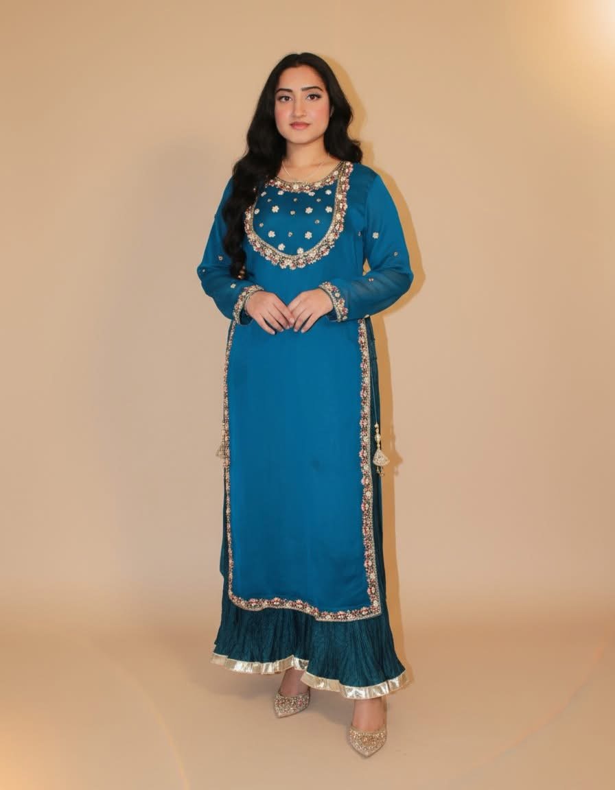 Teal Blue Embroidered Sharara Suit with Gold-Trimmed Dupatta - Image 3